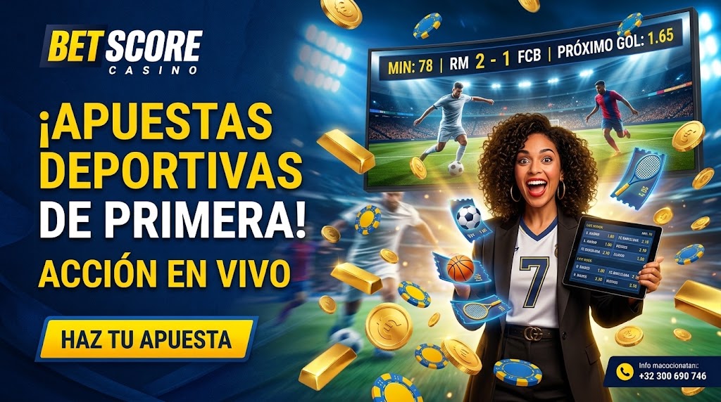 Pieza promocional con una tableta y una pantalla de acción en directo de Betscore Casino