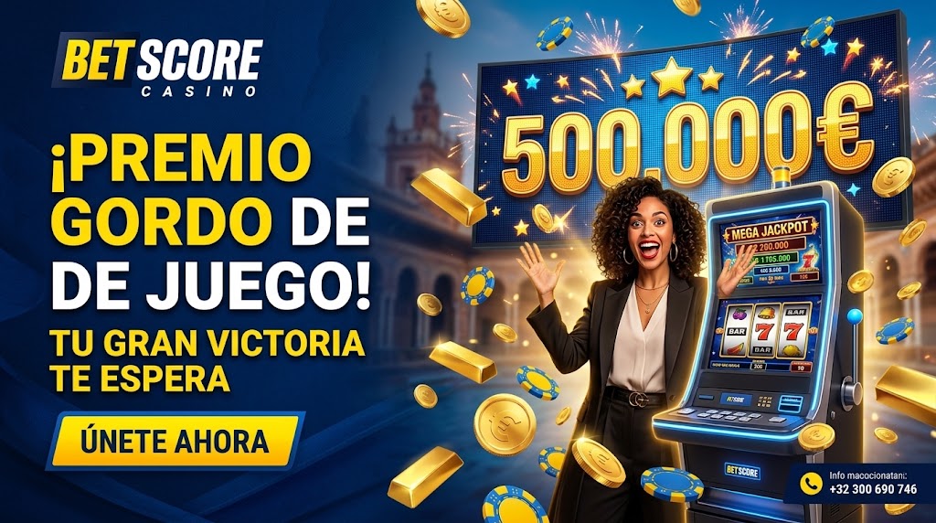 Pieza promocional de una tragamonedas y un premio destacado de Betscore Casino